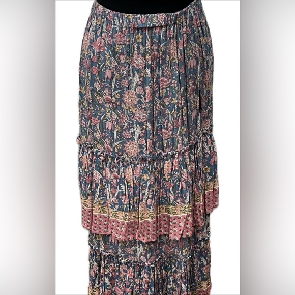 Rachel Zoe Pink Blue Multi Floral Tiered Ruffle Casual Summer Maxi Skirt Sz S-M - Picture 6 of 6